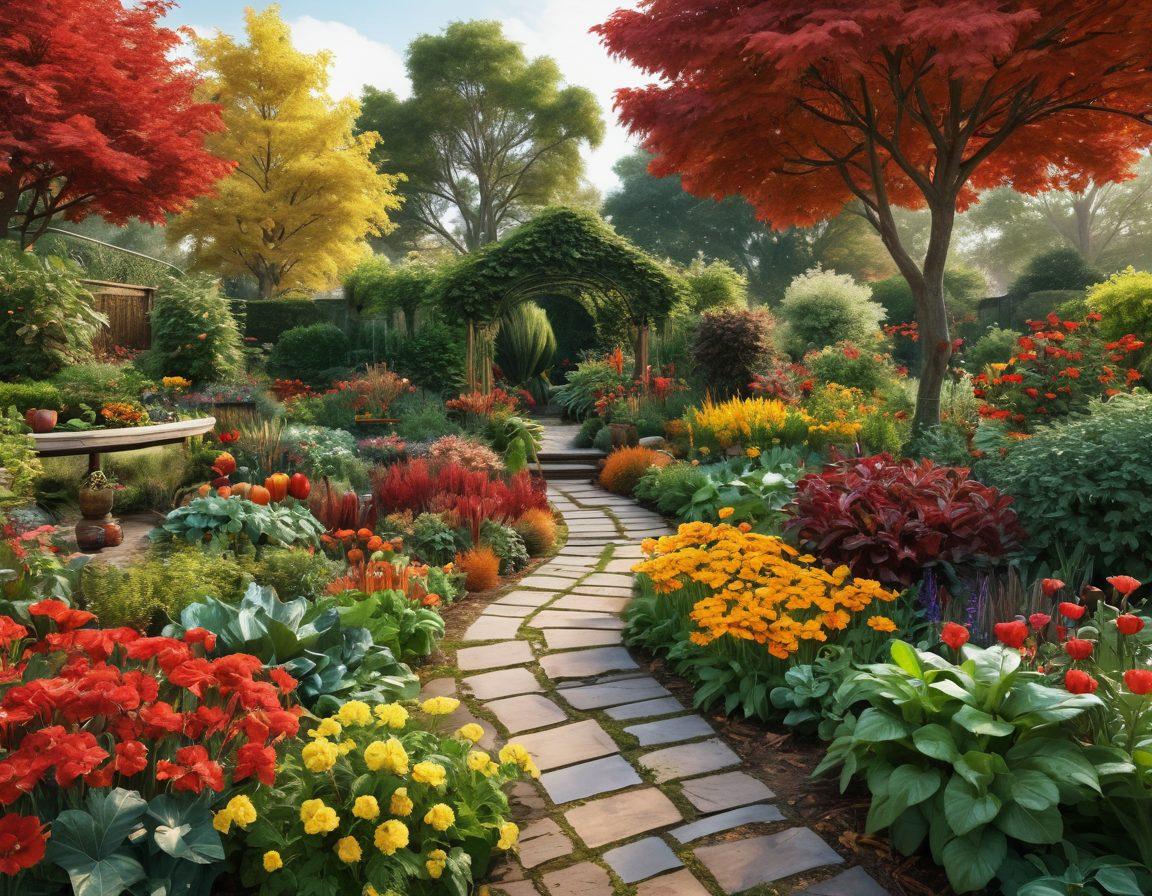A lush garden showcasing various plants in different seasonal stages: spring flowers blooming, summer vegetables thriving, autumn leaves turning vibrant colors, and winter greenery. Include a diverse group of people gardening, each representing a different season, with gardening tools around them. The setting should evoke a sense of harmony with nature and the changing seasons. super-realistic. vibrant colors. 3D.