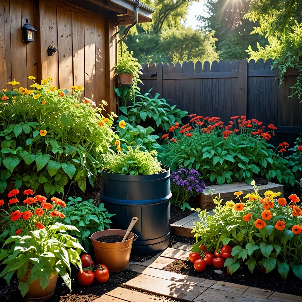 A serene garden scene filled with lush greenery, vibrant flowers, and a diverse array of vegetables. Include eco-friendly gardening tools like a wooden trowel and a compost bin, with butterflies and bees buzzing around. Soft sunlight filtering through the leaves, creating a warm and inviting atmosphere. Incorporate a rainwater collection barrel in the background. super-realistic. vibrant colors. natural setting.